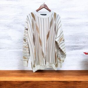 Vintage 80's Protegé Collection Men Sweater XL Cream Brown 3D Geometric Striped
